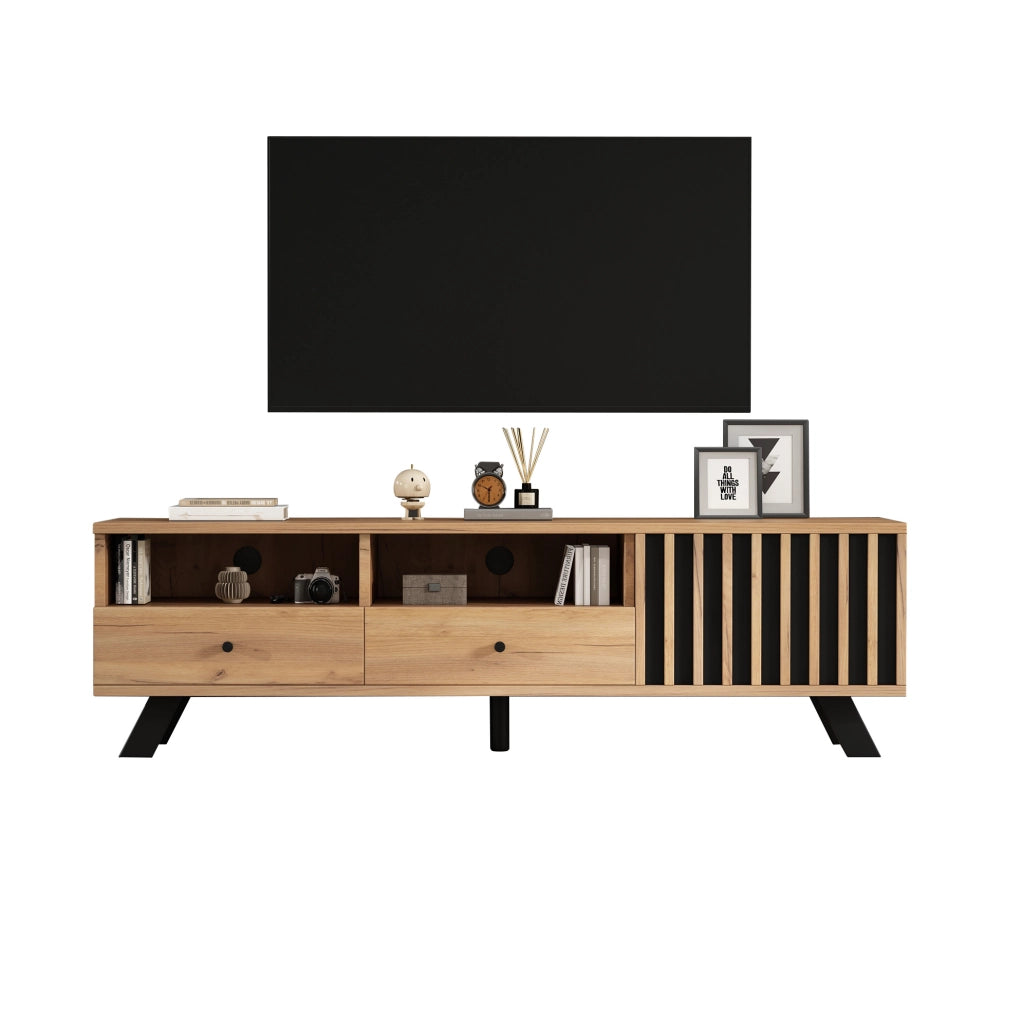 Mobile TV 150 cm con 2 cassetti e vano chiuso, legno e nero