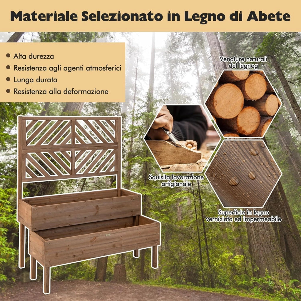 Fioriera da Giardino a 2 Livelli con Traliccio, Letto Rialzatto con Gambe in Legno, Foro di Drenaggio, Fioriera da Interno ed Esterno per Frutta, Verdura, Fiori ed Erbe Rampicanti (Marrone)