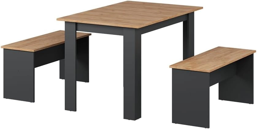 Set di tavoli da pranzo Sentio, Bianco, 112 x 73.6 cm con 2 panche, adatto come set da pranzo per piccoli spazi e cucine