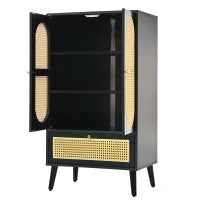 Credenza Moderna e Compatte in Rattan, con 2 Ante e 1 Cassetto, per Soggiorno e Sala da Pranzo, 60×40×110.5 cm, Nero
