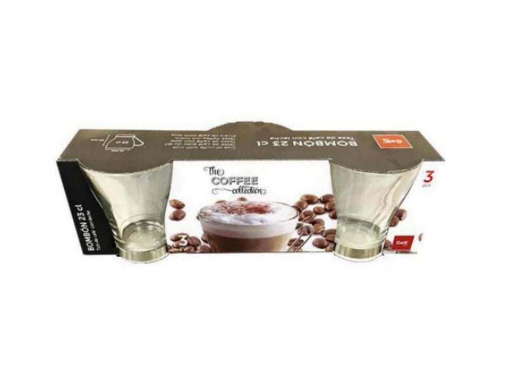 Set 3 Tazze Cappuccino in Vetro Bombom con Manico in Metallo 23 cl