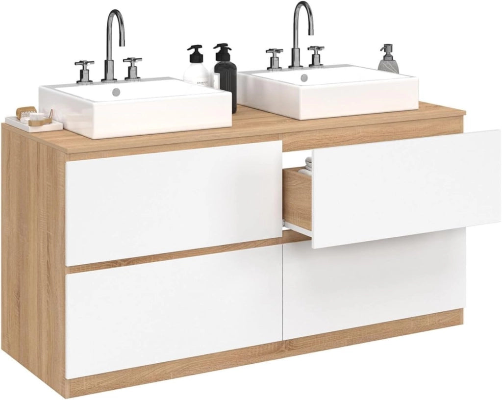 Mobile lavabo doppio TOMI 120 cm 4 cassetti finitura faggio e bianco