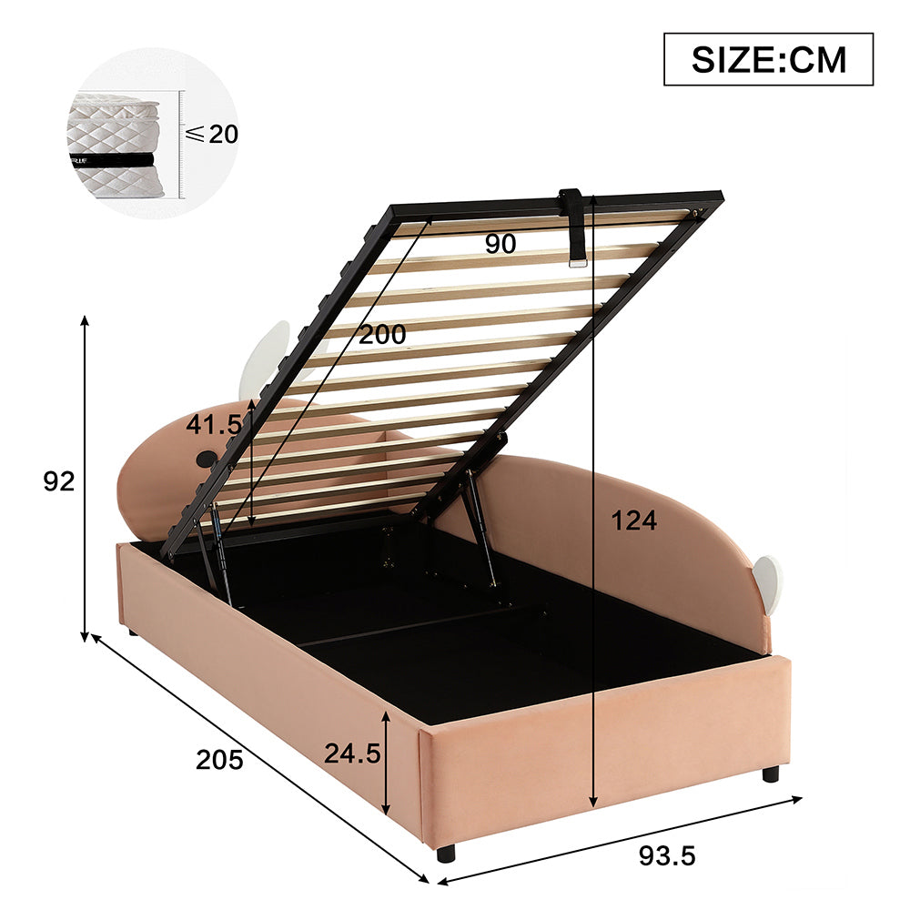 Letto Singolo Bambino Idraulico con Testiera Coniglio 90x200cm - Xylo - Velluto Rosa Lato Destro