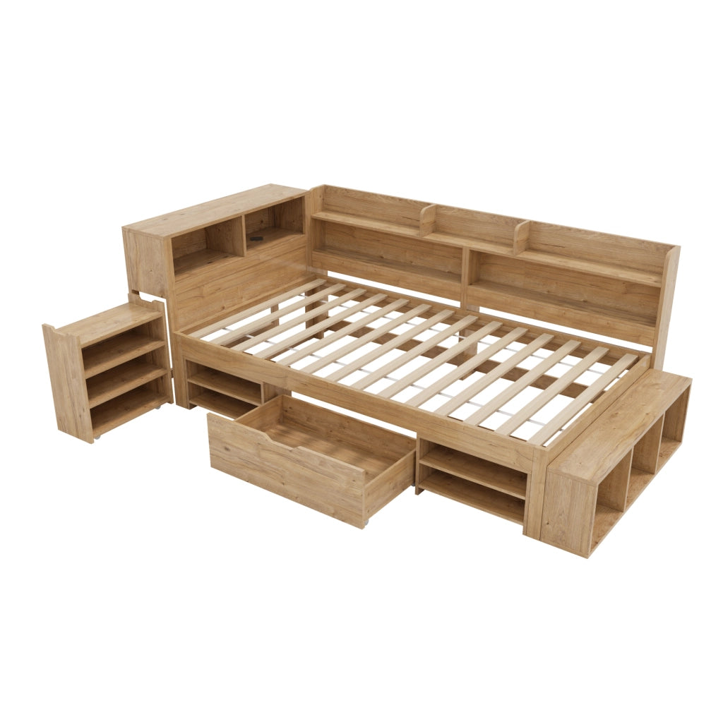 Letto per bambini 90x200 cm con cassetti; scaffali e contenitori in multistrato colore naturale