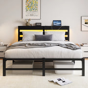 Letto in metallo 140x200 cm con LED RGB; 2 porte USB e ripiano; nero