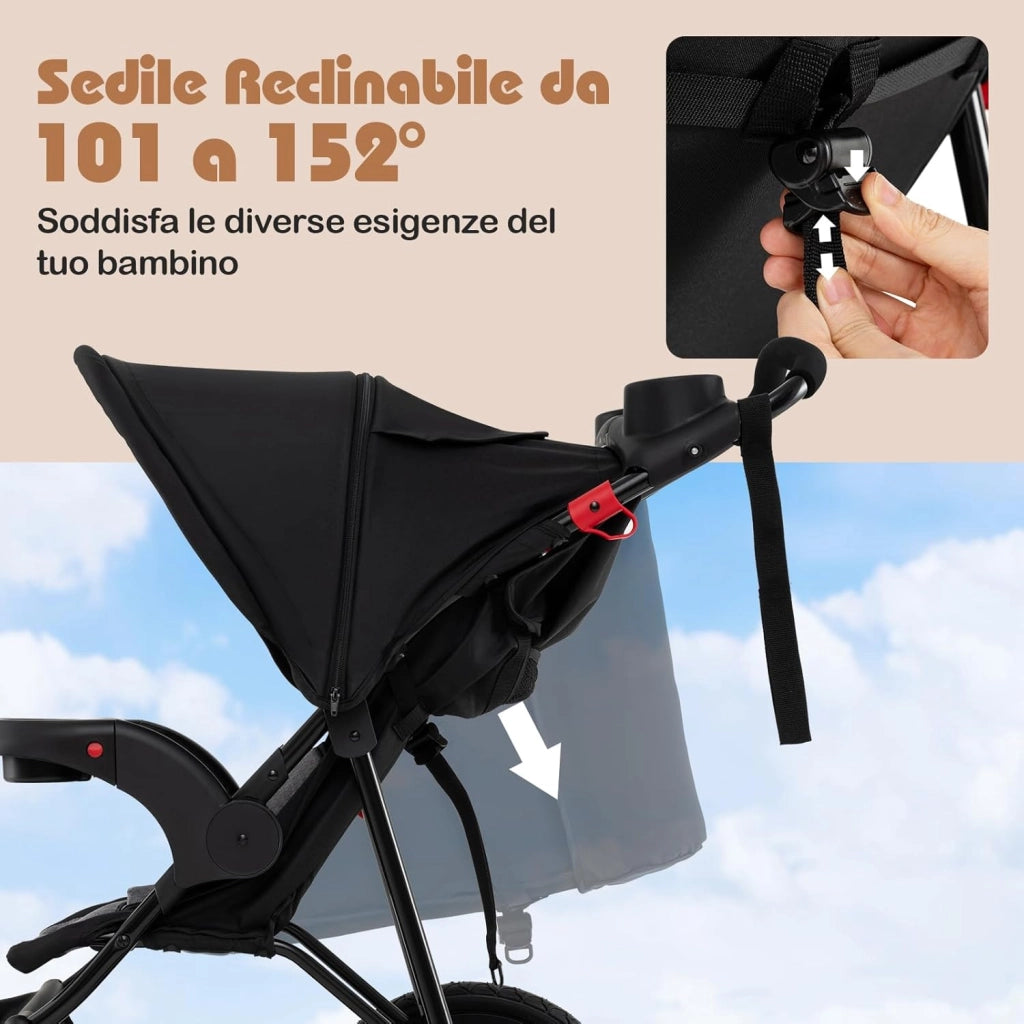 Passeggino Leggero a 3 Ruote, Passeggino Pieghevole con Cappotta Estensibile, Schienale Reclinabile e Portabicchieri, Carrozzina da Jogging per Bambini 0-48 Mesi fina a 22 KG