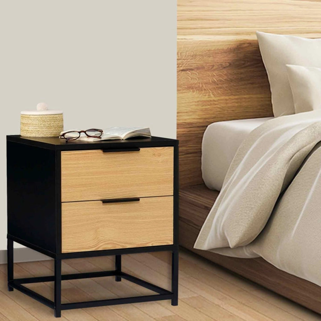 IDMarket - Set di 2 comodini Nevada, 2 cassetti, Design Industriale, Nero e Legno