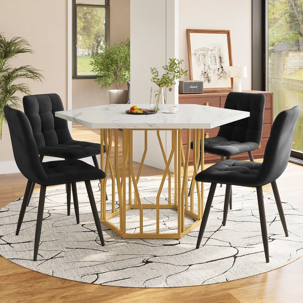 Tavolo da pranzo esagonale con piano effetto marmo, struttura in metallo, per sala da pranzo, nero e oro, 115,5 × 100 × 75 cm