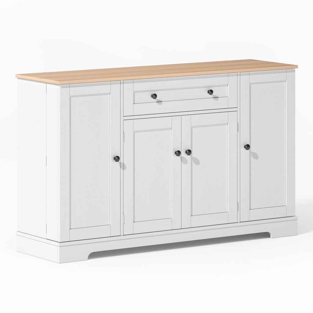 Credenza 138x40x85 cm Bianca e Legno Naturale con Cassetto; Armadietti; Ripiani Regolabili e Portaoggetti