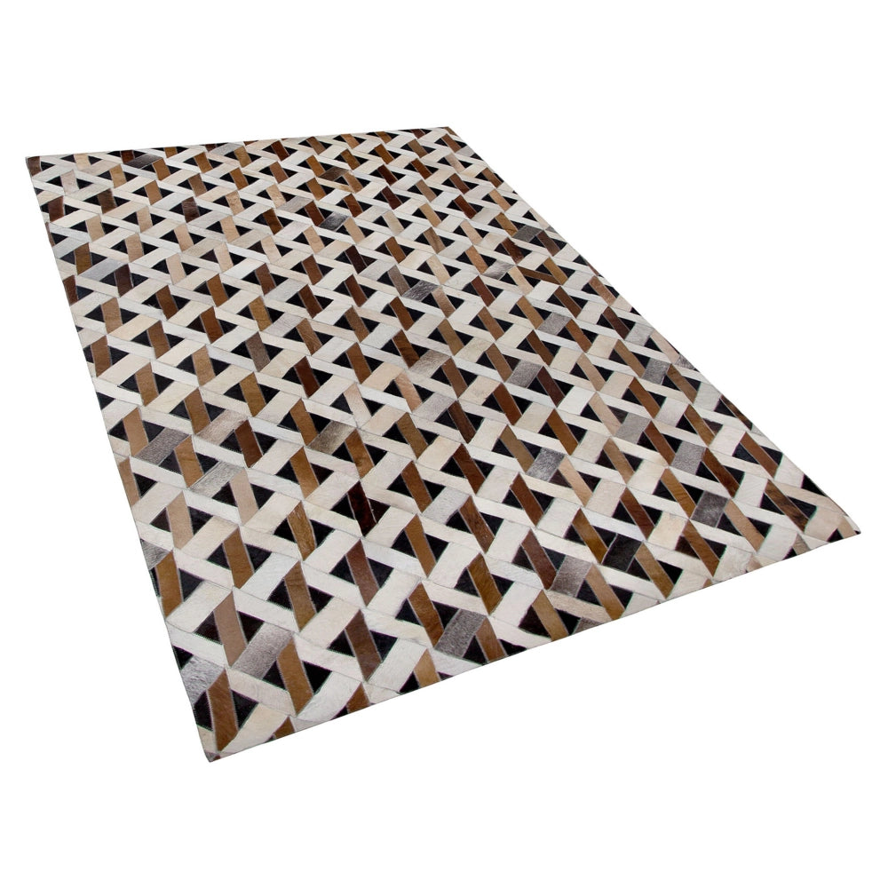 Tappeto tappetino Tappeto Pelle Marrone e Grigio Motivo Geometrico 140 x 200 cm Rustic Boho