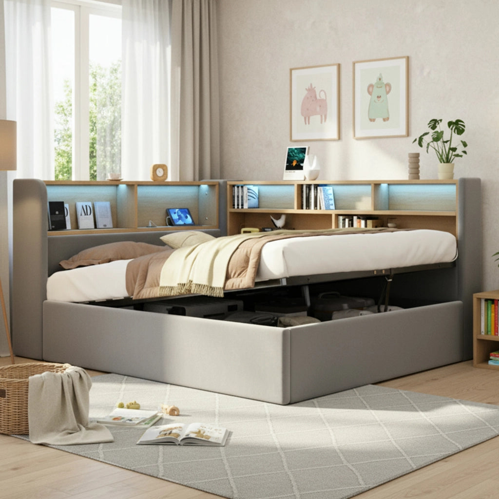 DESMIU Letto banchetto 140 × 200 cm 2 posti con contenitore idraulico, LED, USB e Type-C, senza materasso, velluto grigio