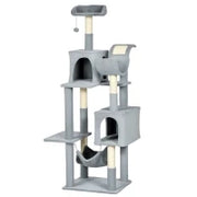 Albero per Gatti con Amaca, Lettino e 2 Casette, in Truciolato e Peluche, 55x49x177 cm, Grigio e Bianco
