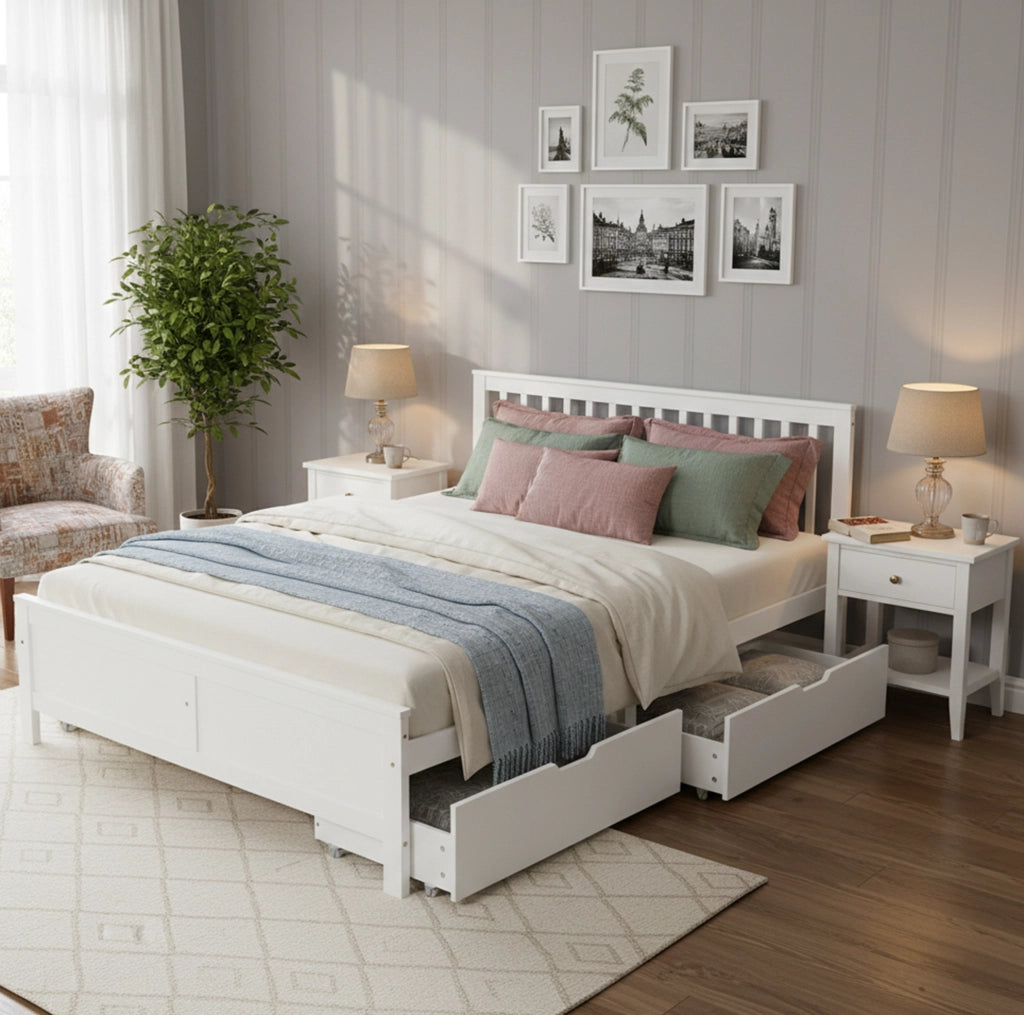 Letto matrimoniale bianco 140 x 200 cm con cassetti contenitori