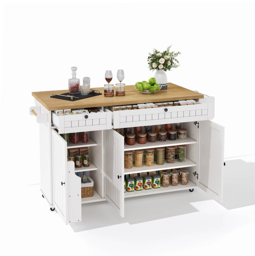Isola cucina 137x89.5x45 cm con piano ribaltabile; ruote bloccabili; MDF; naturale e bianco