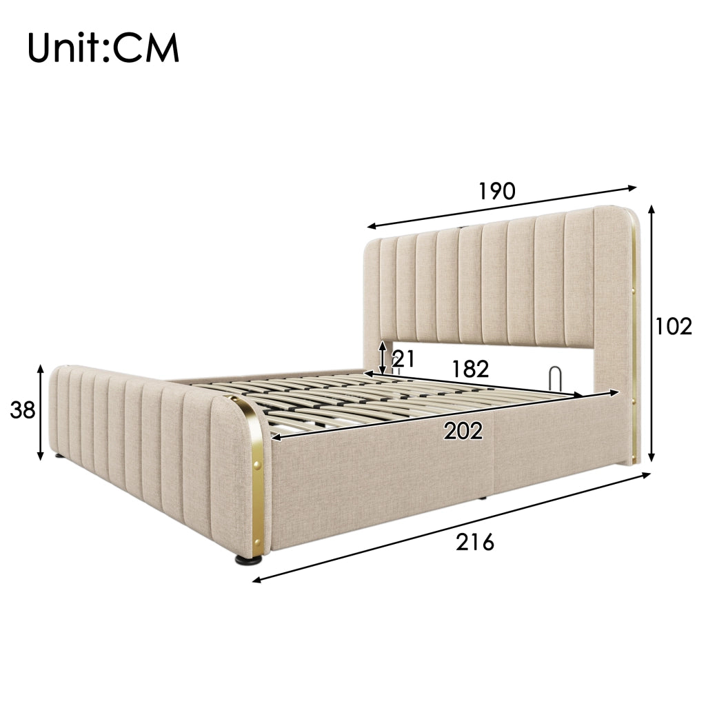 Letto matrimoniale in lino beige 180x200 strisce dorate USB Type-C sollevamento idraulico