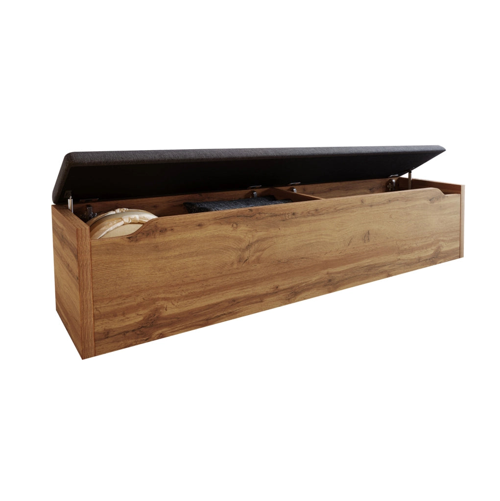Letto matrimoniale 160x200 cm in rovere con luci, USB-C, comodini e panca contenitore