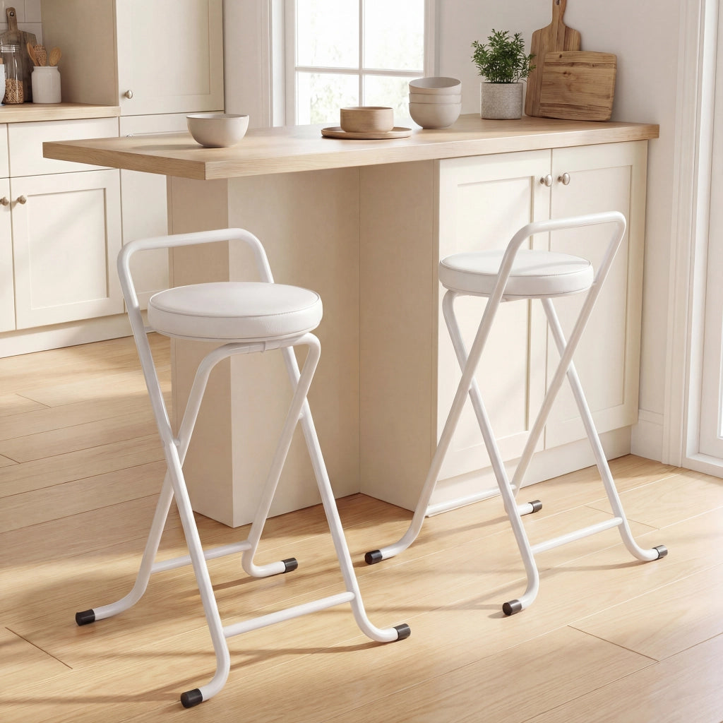 Sgabello da Bar Pieghevole Set 2 Pezzi ¨C Xylo ¨C Seduta Imbottita Bianco Struttura Metallo 63cm