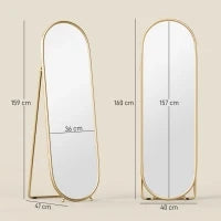 Specchio Verticale Ovale da Terra con Supporto, in Vetro e Metallo, 40x41x159 cm, Tonalità Oro