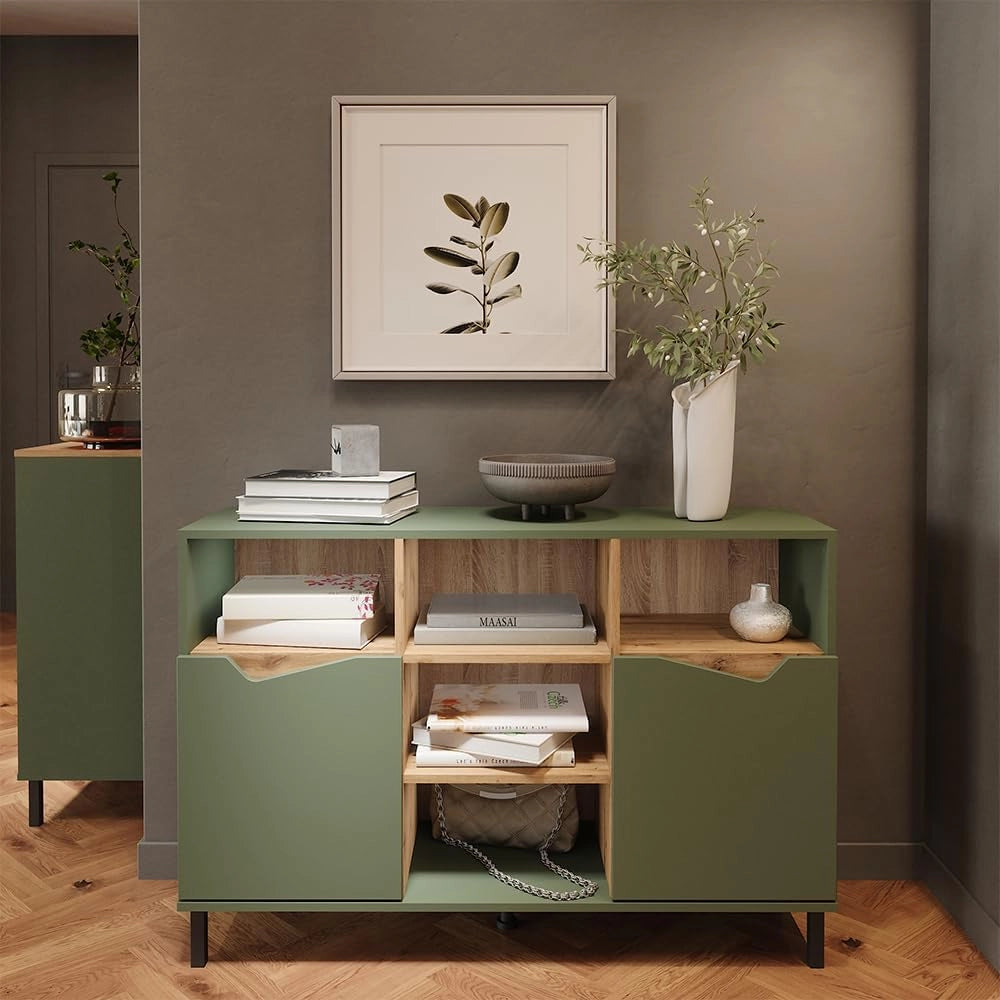 Credenza Marelle, Verde/Artigianale, 120 x 81.3 cm con 2 porte, per la conservazione di abiti, libri o oggetti domestici