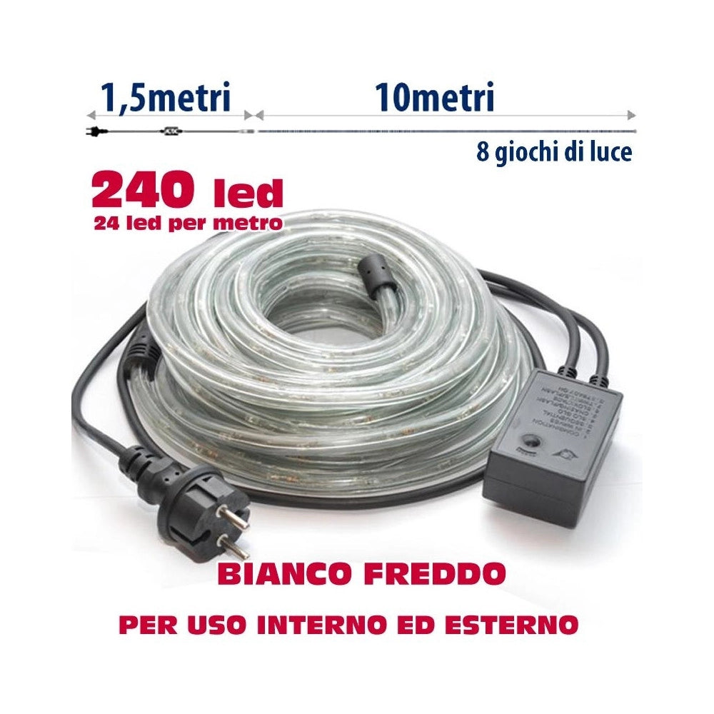Trade Shop - Tubo Luminoso Natalizio 10 Metri Led Bianco Freddo Con Controller 8 Funzioni -