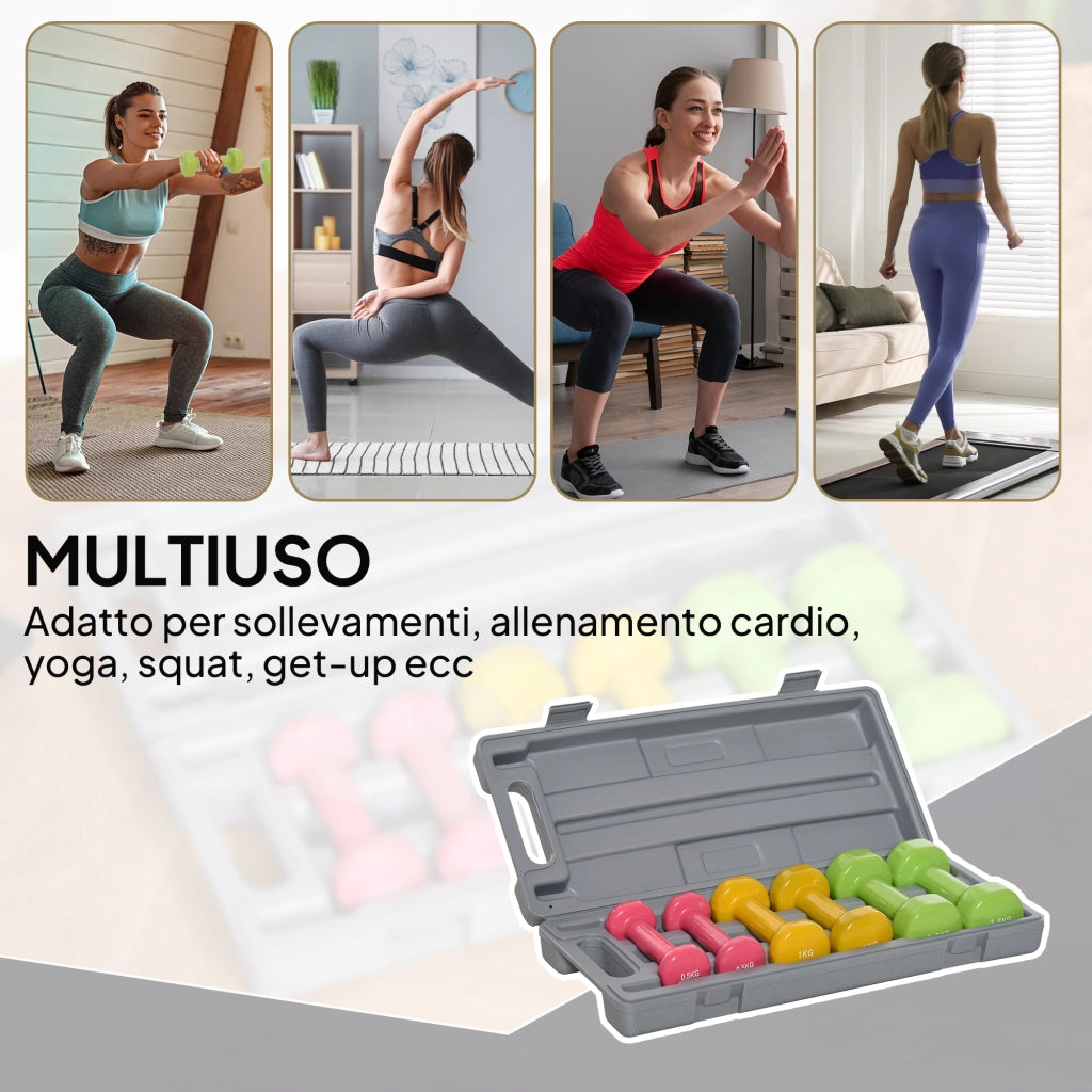 Set 6 Manubri Pesi con Valigetta da 0.5kg 1kg 1.5kg in Acciaio e PU