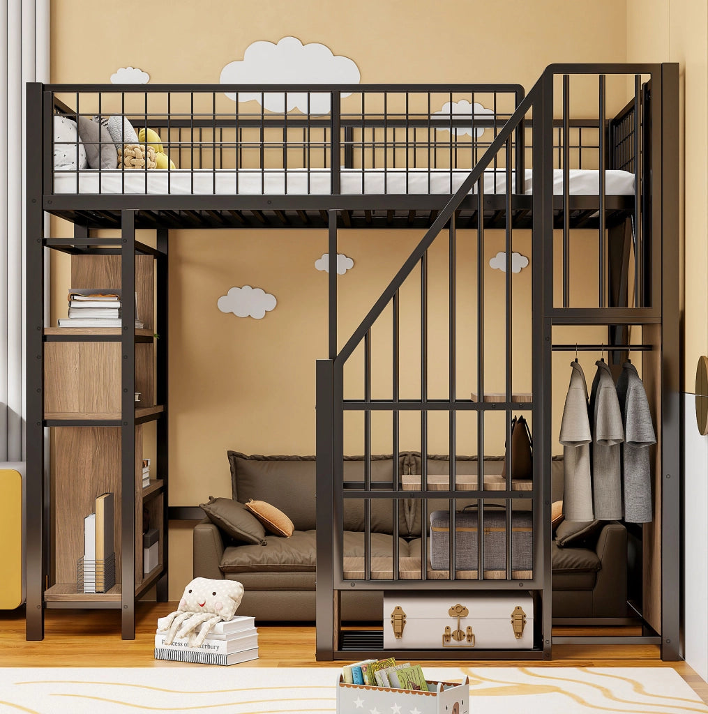 Letto a soppalco 90x200 cm nero con scala contenitore e vani portaoggetti