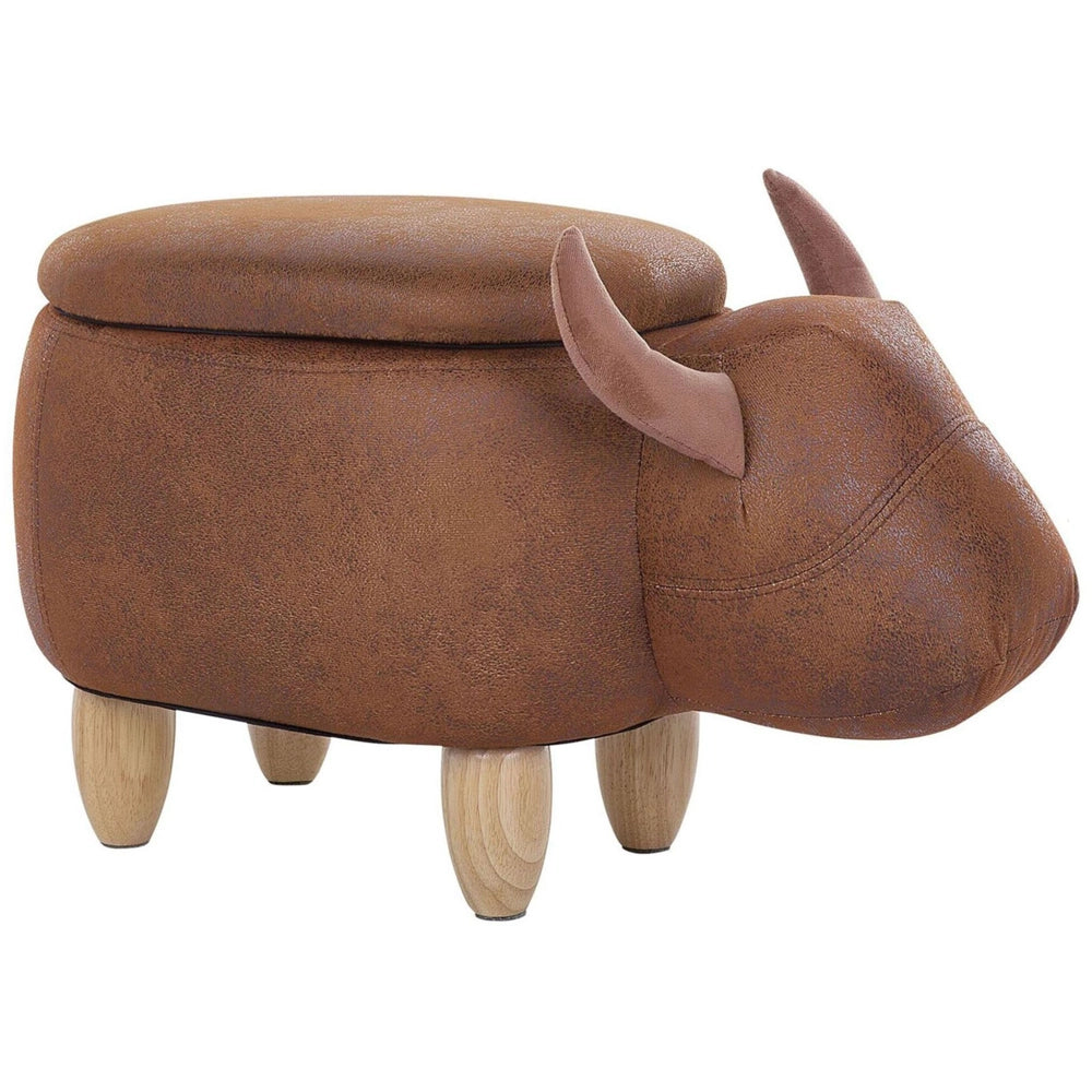 Sgabello per bambini Animale Mucca con contenitore in ecopelle marrone con gambe in legno Poggiapiedi per la scuola materna