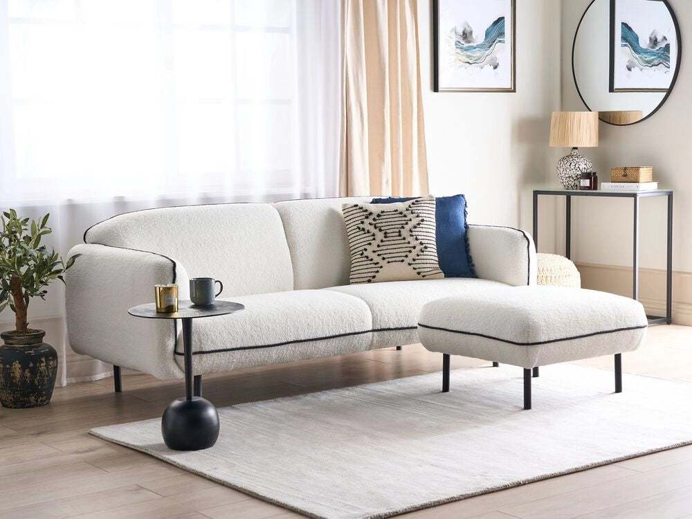 Divano a 3 posti Tessuto boucle bianco Morbido Nubby Gambe in metallo Bordi decorativi neri Stile retro Glam Art Decor