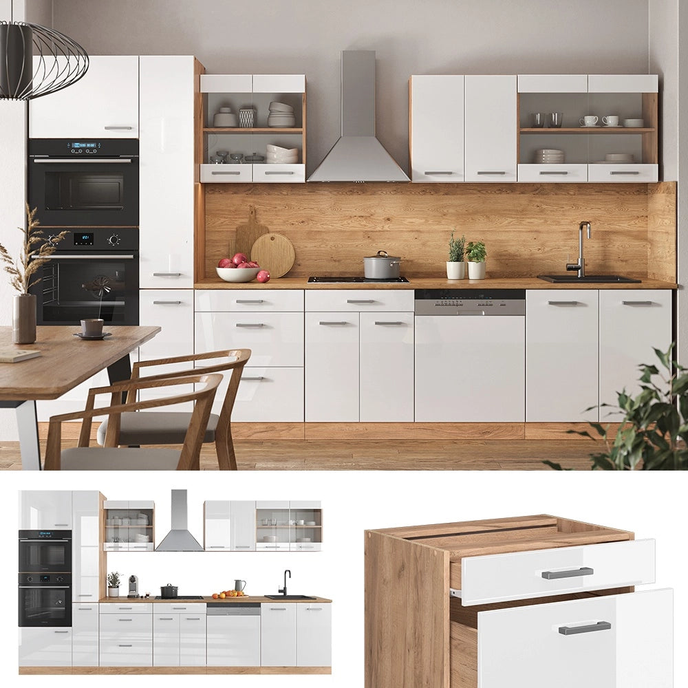 Angolo cottura R-Line Bianco lucido/Rovere dorato 350 cm con armadio alto, PL Rovere Vicco