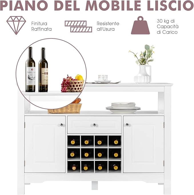 Credenza Moderna con Tanto Spazio, Credenza Cucina con Porta Bottiglie di Vino a Forma Incrociata, Mensola Aperta, 2 Armadietti e Cassetto, 117 x 40,5 x 82,5 cm (Bianco)