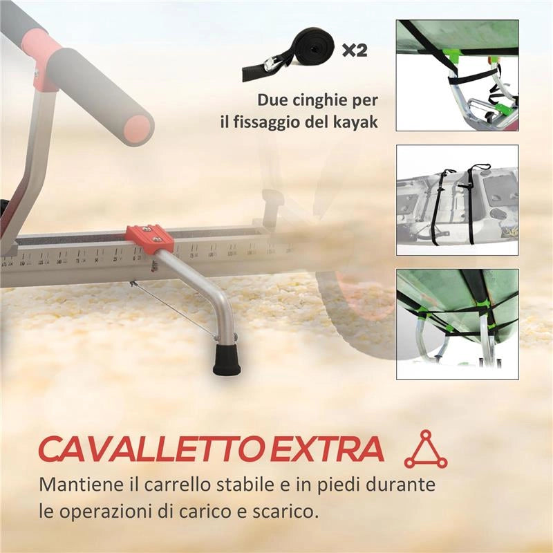 CARRELLO PER KAYAK E SUP CON LARGHEZZA REGOLABILE IN ALLUMINIO RUOTE Ø 25 CM MAX 100 KG NERO E ROSSO