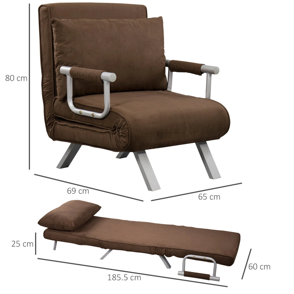 Poltrona Letto Singolo 65x69x80 cm Schienale Reclinabile su 5 Posizioni Marrone