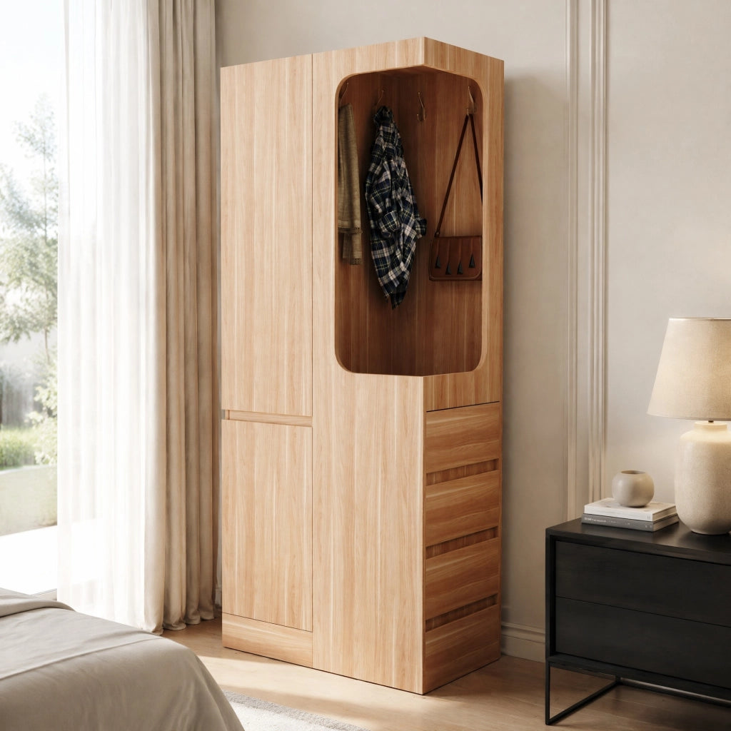 Armadio a 1 anta 70 x 40 x 170 cm con 4 cassetti e vano appendiabiti; colore legno naturale