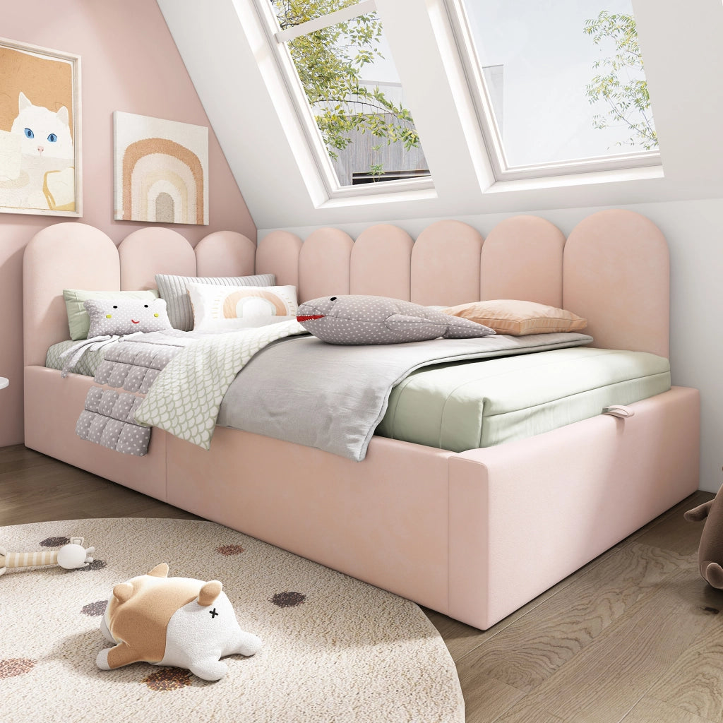 OKWISH Letto a Divanetto 90×190 cm, Letto Singolo con Contenitore Idraulico, Testiera e Sponda, senza Materasso, in Velluto, Rosa