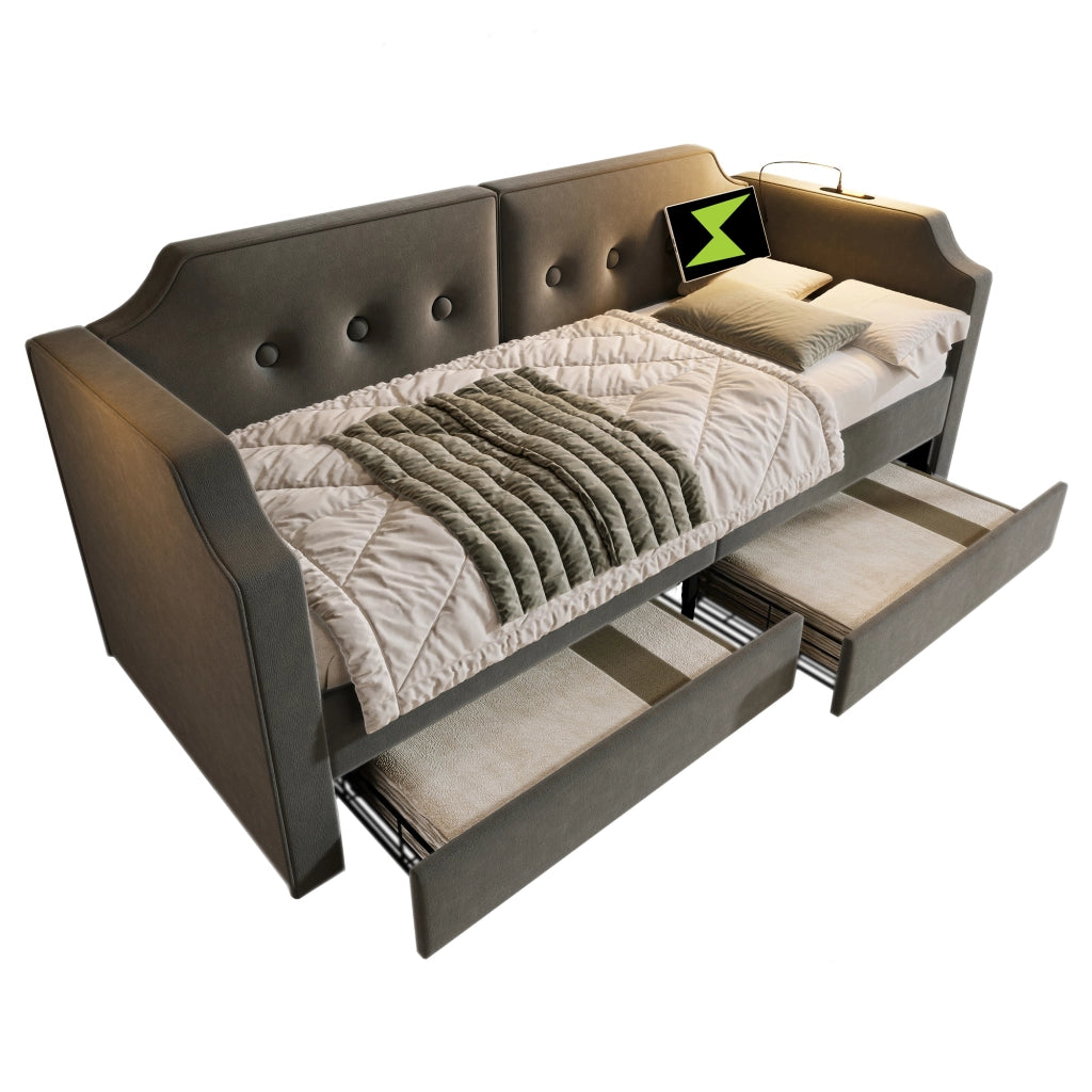 Letto a Divanetto 90 x 200 cm - 2 Cassetti; USB e Luce da Lettura - Grigio