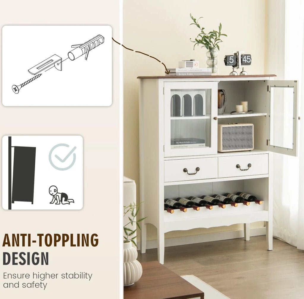 Credenza Soggiorno per Vino 8 Bottiglie, Credenza Cucina con 2 Ante in Vetro e 2 Cassetti, Mobile Ingresso, 90 x 40 x 126,5 cm, Bianco