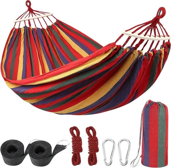 Hamac Esterno a Due Posti - Canapa Cotone, 260 x 150 cm, fino a 300 kg - Portatile con Borsa da Trasporto, Cinture per Albero e Funis - Ideale per Campeggio, Terrazza, Giardino