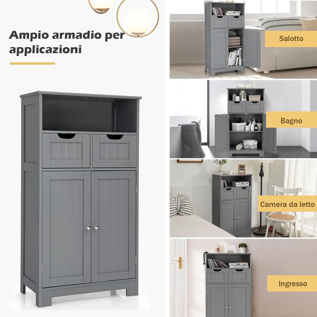 Armadietto Terra da Bagno Mobile Autoportante, Mobiletto Ufficcio Multiuso, con Cassetti e Ripiani, Ampio Spazio, Legno (Grigio)