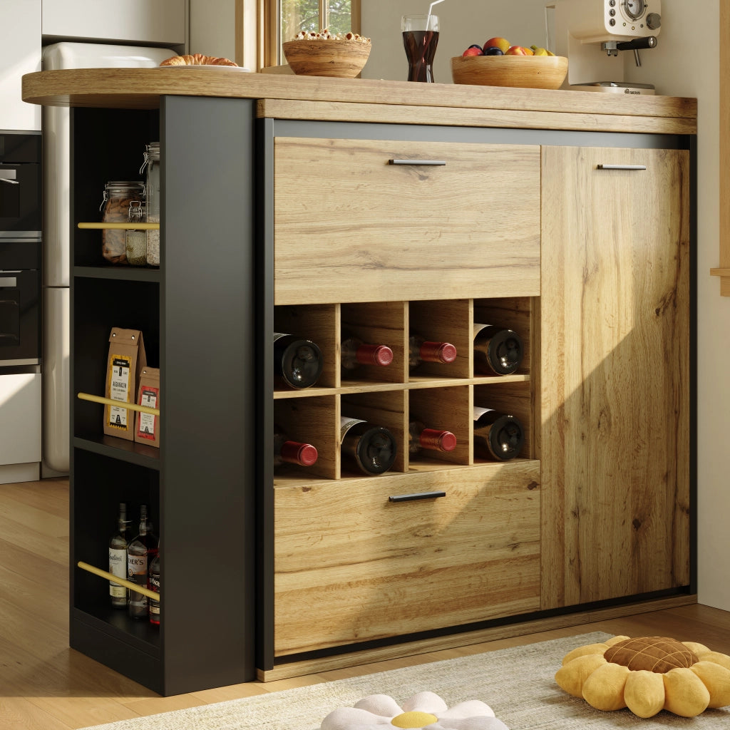Tavolo da Pranzo Allungabile con 2 Cassetti; Portabottiglie e Ripiani Aperti in MDF e Metallo; Legno