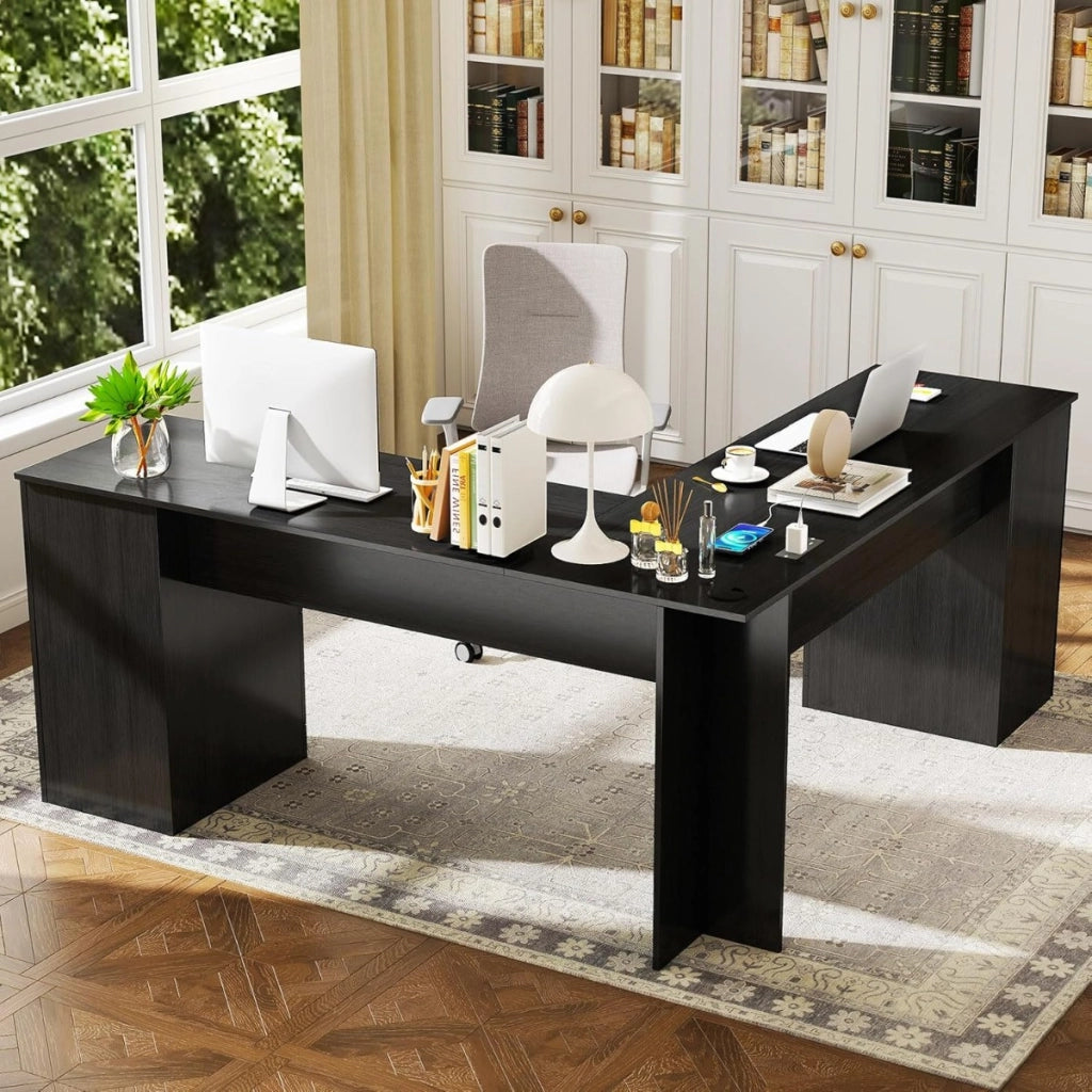 Scrivania a L per gaming lavoro e scrittura 168 x 168 x 76 cm, Scrivania angolare moderna con 2 prese Nero-Scrivanie