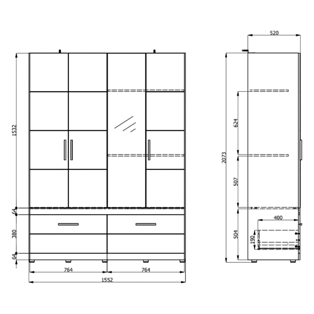 Armadio Camera da Letto Sayul, Guardaroba Grande 2 Cassetti, 155x208h cm Bianco Opaco