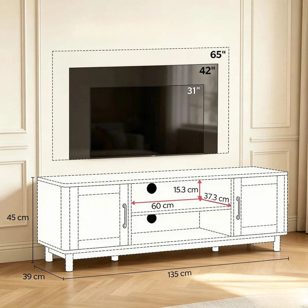 Mobile porta TV con vani aperti e ante laterali in truciolato rattan e pino per soggiorno rovere 135 × 39 × 45 cm