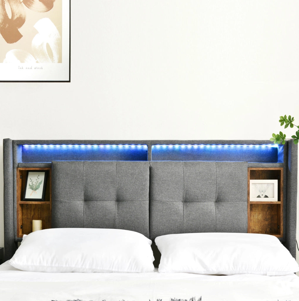 Letto imbottito con testiera contenitore; USB e LED; 160x200 cm; grigio