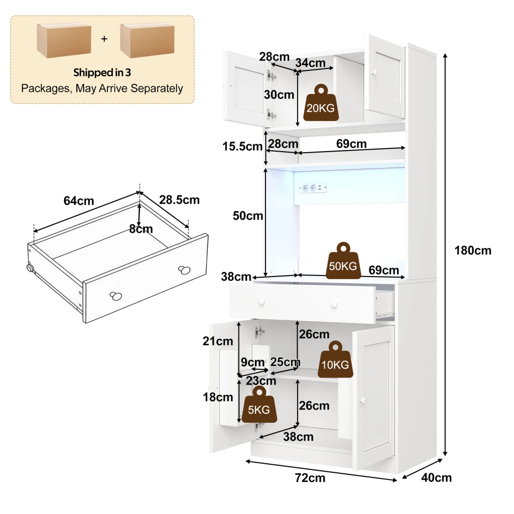 Credenza da cucina alta 180 cm con LED, prese e ampio spazio contenitivo, bianco