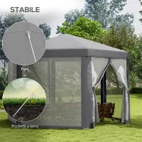 Gazebo da Giardino Esagonale con Doppio Ingresso, in Metallo e Poliestere, 3.9x3.9x2.5 m, Grigio