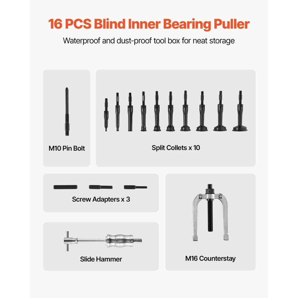 Blind Hole Bearing Puller Set 16 In 1 Bottom Bracket Race And Seal Puller Set, Slide Hammer Pilot Insert, Bottom Bracket Puller Set With 10 Split Collets And Counter Support