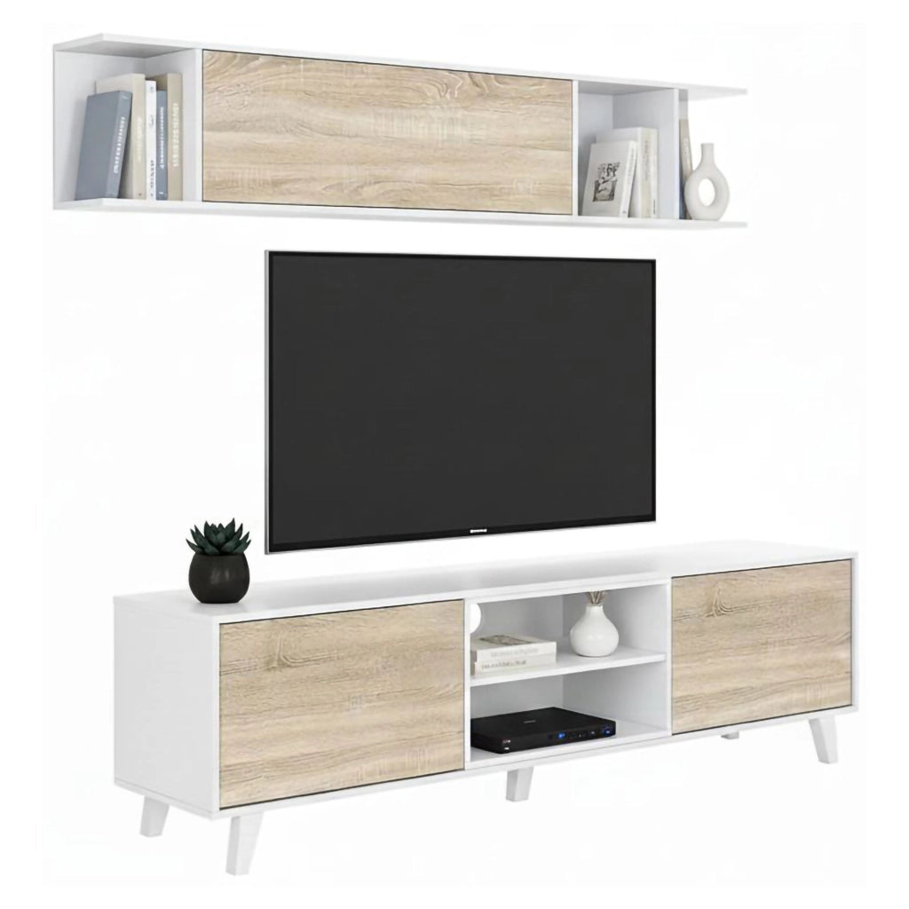 Parete attrezzata Aslan, Mobile da soggiorno porta TV, Composizione per salotto con pensile, cm 180x41h51, Bianco e Rovere