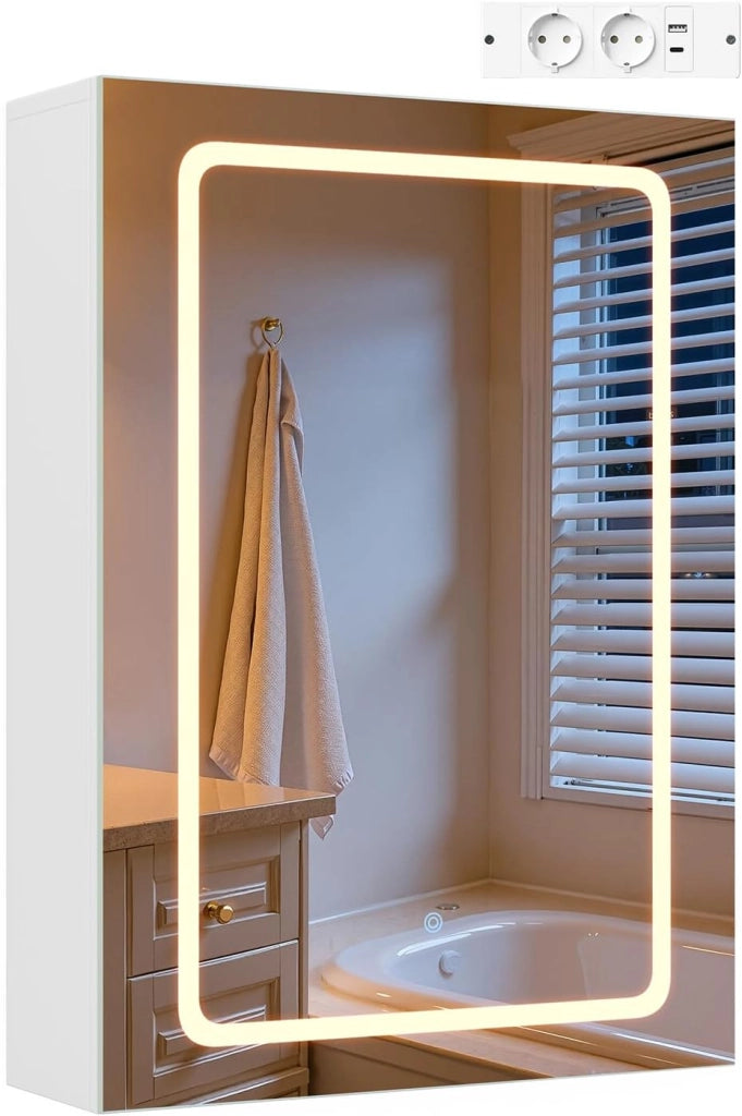 Mobile Bagno con Specchio e Luce, Armadietto Bagno con Ripiani Regolabili, Ganci e Prese, Luce Tattile a 3 Colori, per Appartamento, Bianco, 50x14,5x70 cm