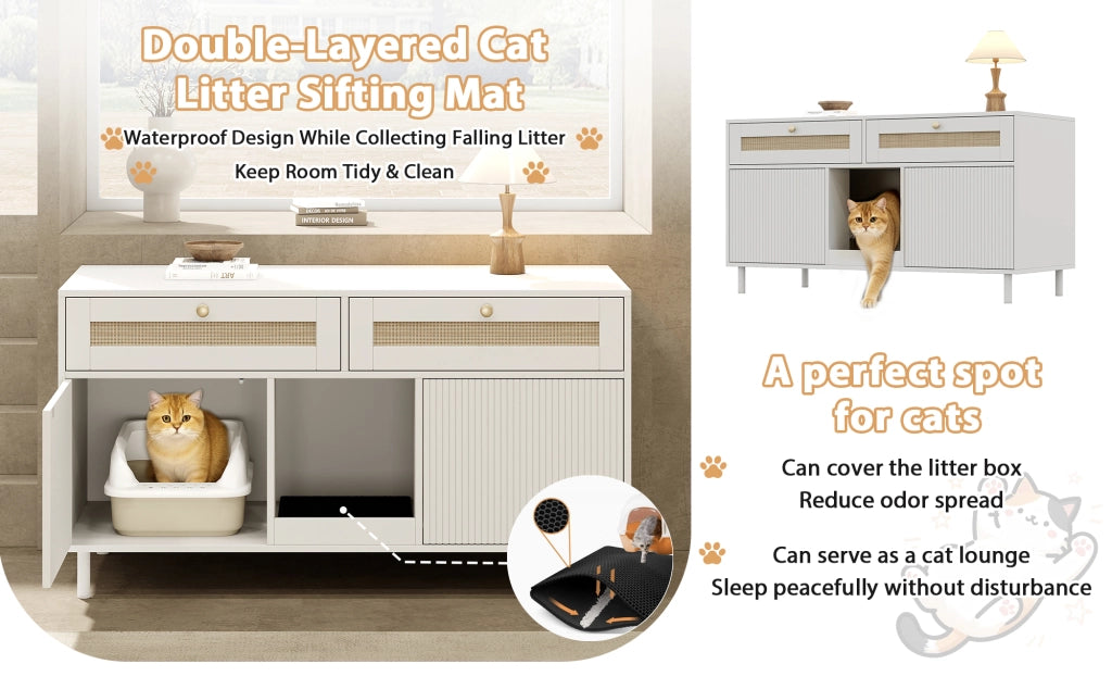 Mobile coperto per lettiera per gatti con 2 ante e cassetto, per soggiorno e ingresso, in MDF bianco 120 × 50 × 65 cm