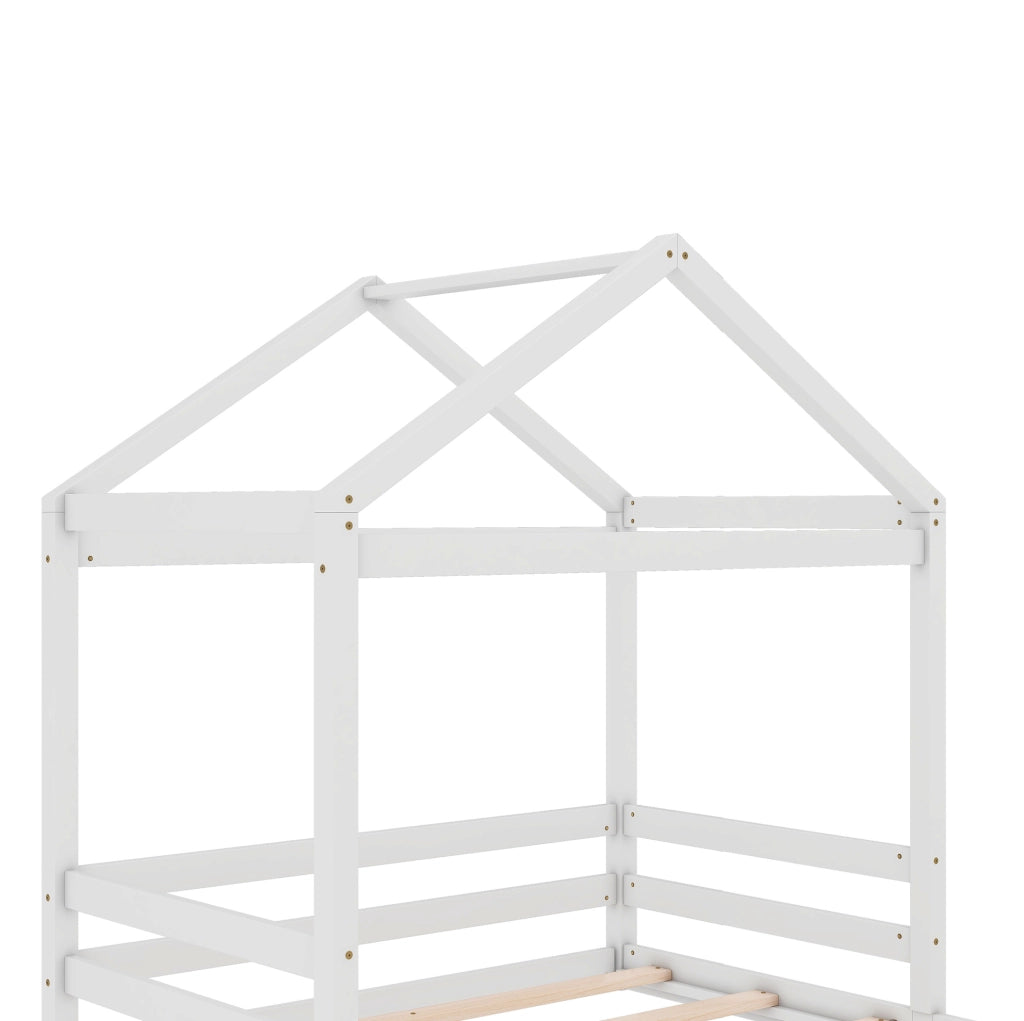 Letto a casetta per bambini 140x200 cm in legno di pino con rete, bianco